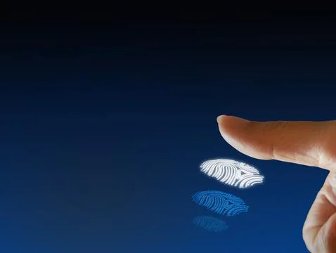 A finger is about to scan or activate a glowing 3D fingerprint Stock Photos