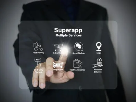 Finger activates a virtual screen of a super app that serves multiple servi.. Foto stock