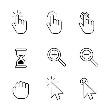 Finger and arrow pointer outline icon set. Illustrazione stock