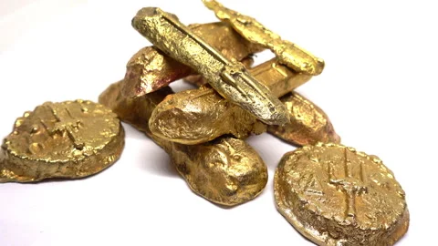 Finger bars and disc ingots of shipwrecked orichalcum from Atlantis. Stock Footage 331229931