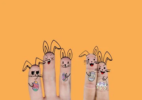 Finger bunnies holding easter eggs with copy space against yellow background Stock Illustration