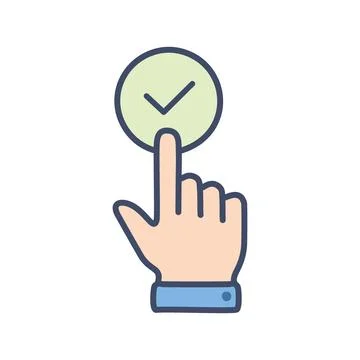 Finger click checkmark. Hand pointer clicking a green checkmark button, ind.. Stock Illustration