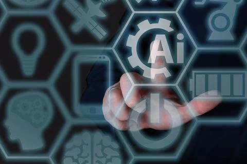 The finger clicks on the artificial intelligence icon. Stock Photos