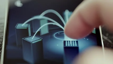 Finger Controlling Centralized Cooling Network Connected To Server Blocks 4K Stock Footage 341358355