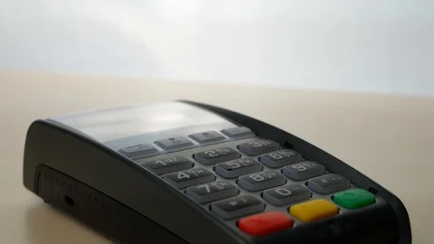 Finger Entering PIN Code at POS terminal Stock Footage 124273444