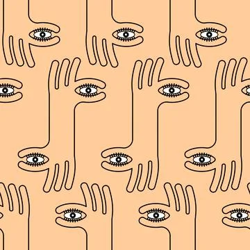 Finger eye Pattern seamless. binoculars hand gesture Background. Vector textu Stock Illustration