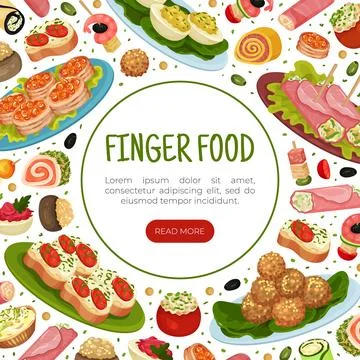 Finger Food Buffet Design with Different Snacks and Appetizers Vector Template Ilustração Stock