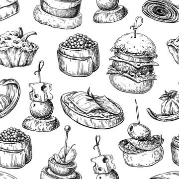 Finger food vector seamless pattern. Food appetizer and snack sk Stock Illustration