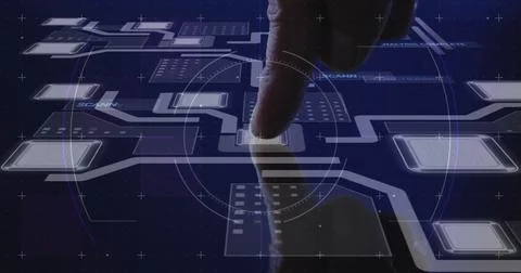 Finger interacting with touch screen, processing data image over digital Stock Illustration