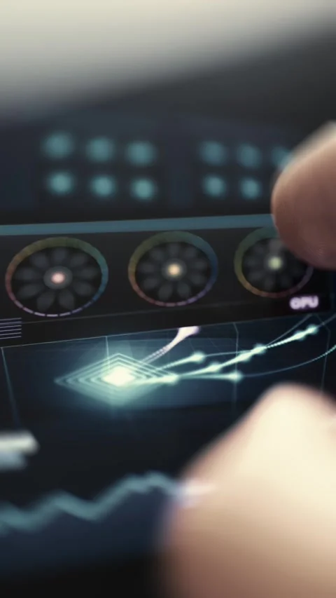 Finger Operating GPU Dashboard With Fans And Performance Chart 4K Stock Footage 341335774