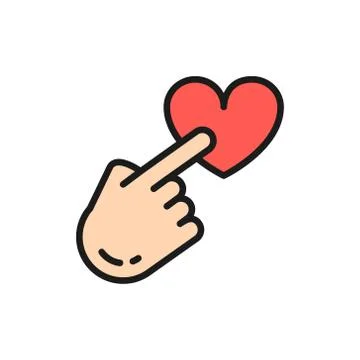 Finger point to heart button, feedback, customer review flat color line icon. Stock Illustration