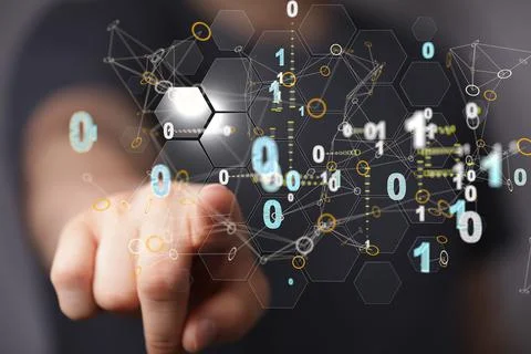 Finger pointing on a 3d floating binary code - a concept of cybersecurity Foto stock