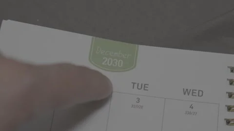 Finger pointing at December 2030 planner page close up for future scheduling Stock Footage 336485588