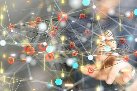 Finger pointing at digitally connected lines isolated on blurred background - Stock Photos