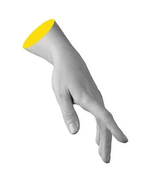 Finger pointing down, index extended, wrist outstretched, adult hand, natural Stock Photos