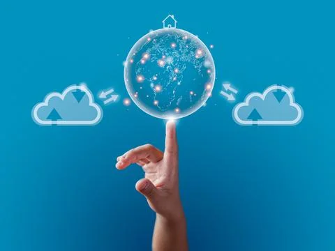 Finger pointing to earth model It presents the connection of online informati Stock Photos