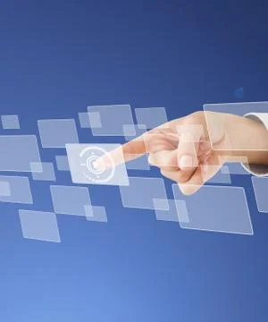 Finger pointing at play button square Stock Photos