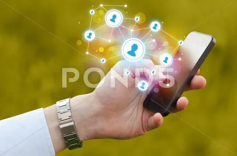 Finger pointing on smartphone, social network concept Stock Photos