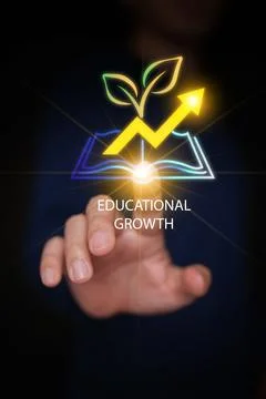 Finger pointing toward open book with rising growing arrow and green sprout.. Stock Photos