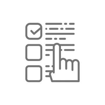 Finger points to a choice, check mark on ballot, election checklist line icon. Stock Illustration