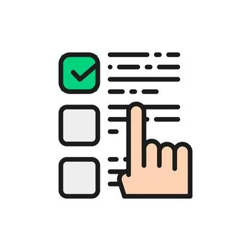 Finger points to a choice, check mark on ballot, checklist flat color line icon. Stock Illustration
