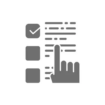 Finger points to a choice, check mark on ballot, election checklist grey icon. イラスト素材