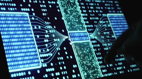 Finger points to data on a computer screen, binary code. Stock Footage 276229402