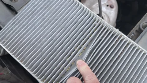 A finger points to debris between the pleats of a dirty cabin filter 스톡 동영상 341011498