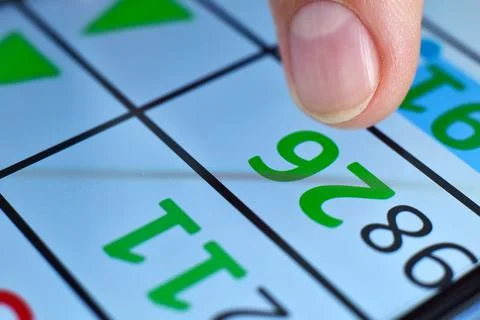 Finger points to financial data on a smart phone screen. Stockfoto's