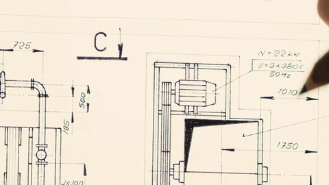 Finger points out details in engineering blue print, extreme close up. Stock Footage 116685756