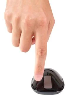 Finger points to right button of touch computer mouse isolated Stock Photos