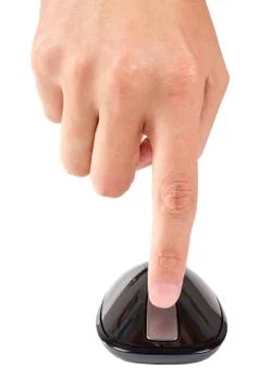 Finger points to scroll wheel of touch computer mouse isolated Stock Photos