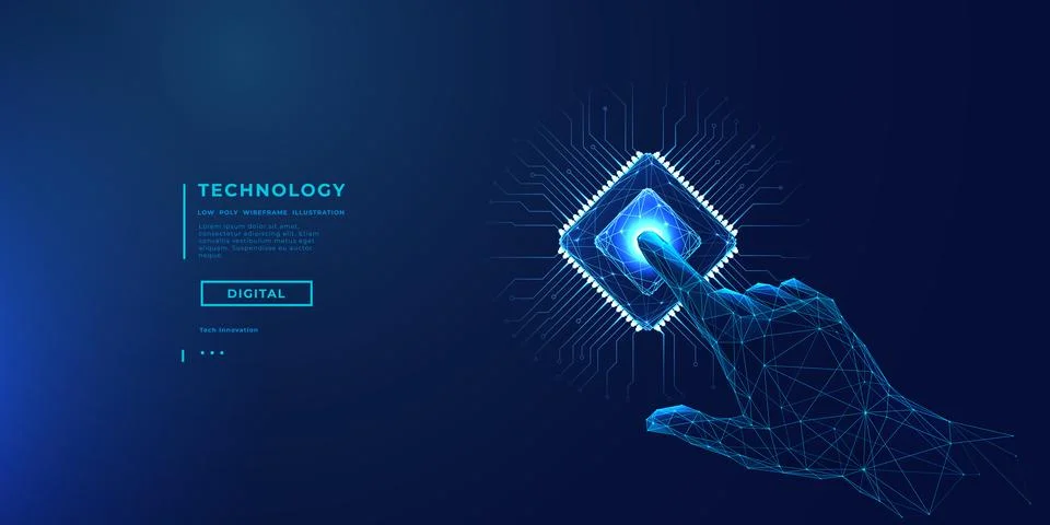 Finger presses on a chip or processor. Technology innovation concept. Stock Illustration