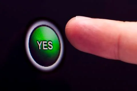 Finger presses green yes button on touchscreen Stock Illustration