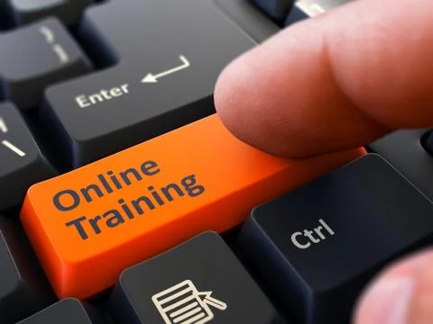 Finger Presses Orange Keyboard Button Online Training Stock Illustration