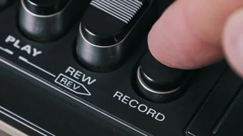 Finger Presses Record on Old Tape Recorder Video stock 318021553