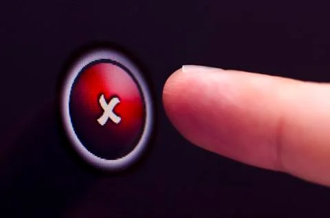 Finger presses red cross button on touchscreen Stock Illustration