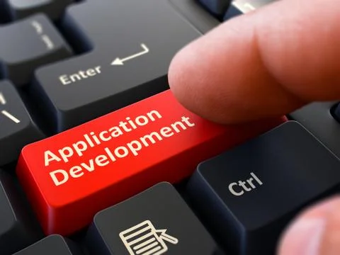 Finger Presses Red Keyboard Button Application Development Illustrazione stock