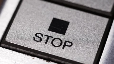 Finger Presses Silver Stop Button With Square Icon Stock Footage 328284799