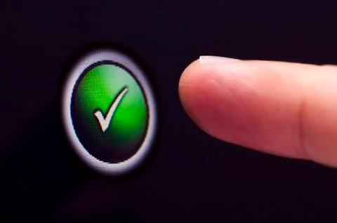 Finger presses touchscreen green tick button Stock Illustration