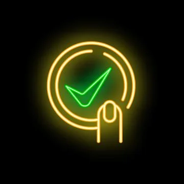 Finger pressing a button with check mark in neon style Stock Illustration