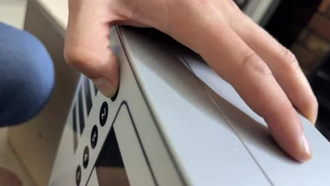 Finger pressing drink selection button on coffee machine with no response, Stock Footage 337121658
