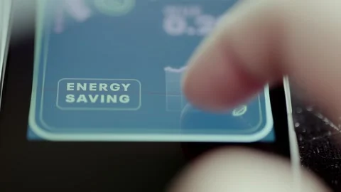 Finger Pressing Energy Saving Control On Blue Dashboard Tile 4K Видео 341358294