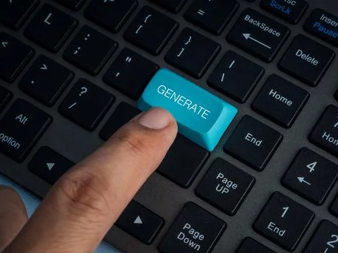 Finger pressing generate button on computer keyboard. AI content creation, .. Stock Photos
