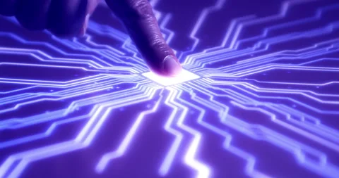 Finger pressing glowing illuminated technology processor futuristic button Stock Footage 317693169