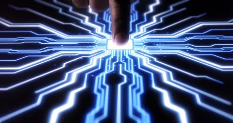Finger pressing illuminated glowing button on digital circuit board Stock Footage 317671585