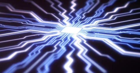 Finger pressing illuminated glowing processor chip on circuit board Stock Footage 317686347