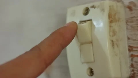 Finger Pressing Old White Light Switch, Action of Turning On Household Elec.. Stock Footage 330032264