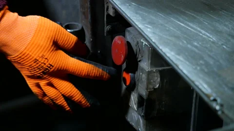 Finger pressing plastic red stop button, hand reset emergency signal.   Stock Footage 154280750