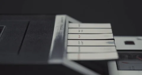 Finger pressing PLAY button on retro audio cassette tape player recorder 스톡 동영상 121188133
